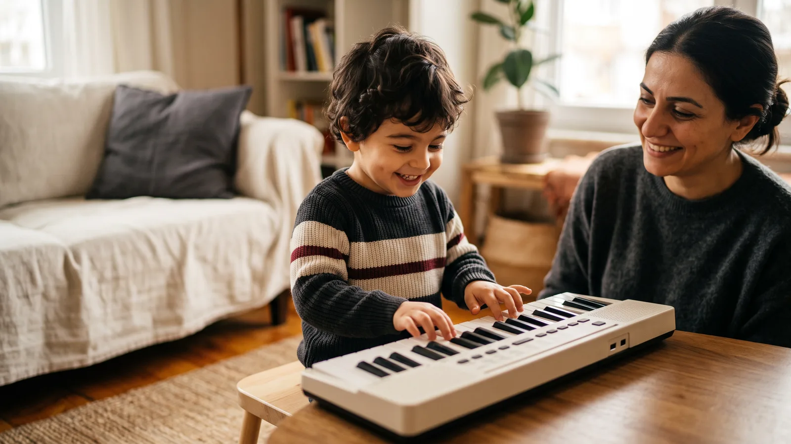 Küçük bir çocuk piyano tuşlarına dokunarak müzik keşfediyor