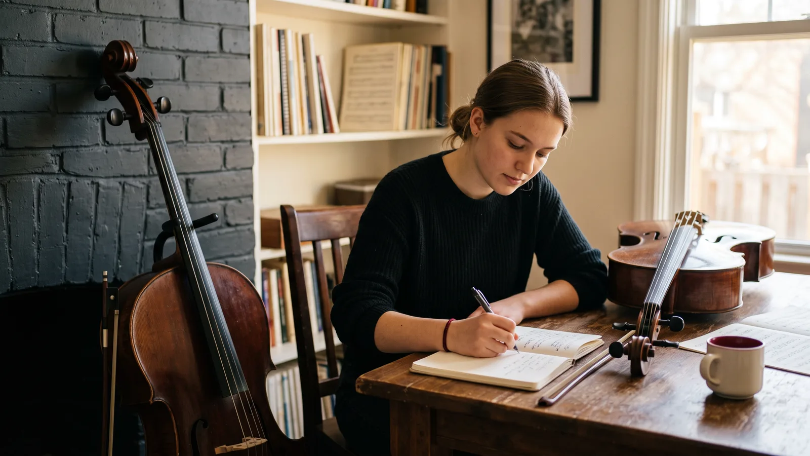 Çalışma defterine o günkü hedeflerini not eden bir müzik öğrencisi