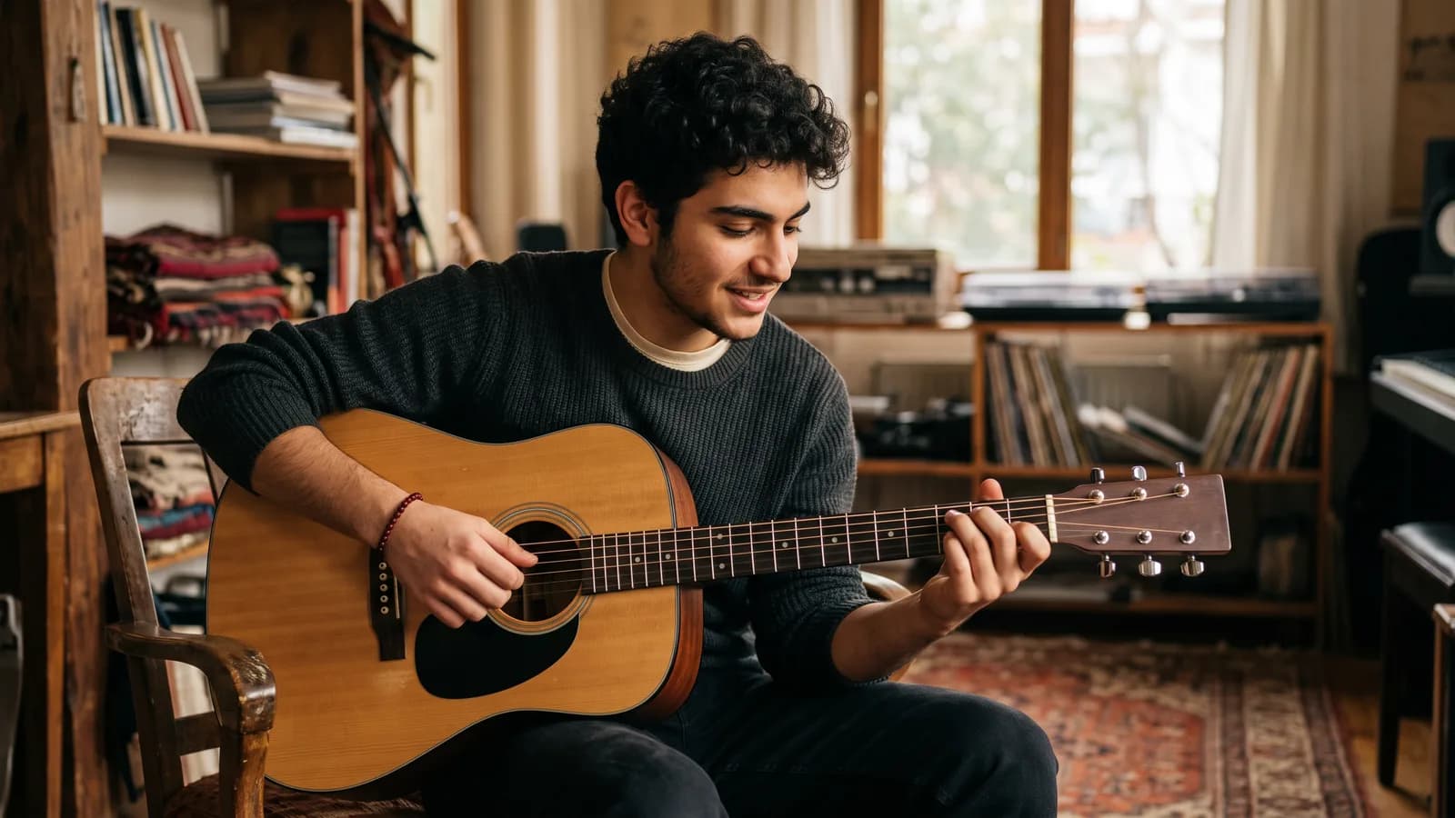 Gitar çalmayı öğrenen bir genç, kendinden emin bir ifadeyle telleri çalarken