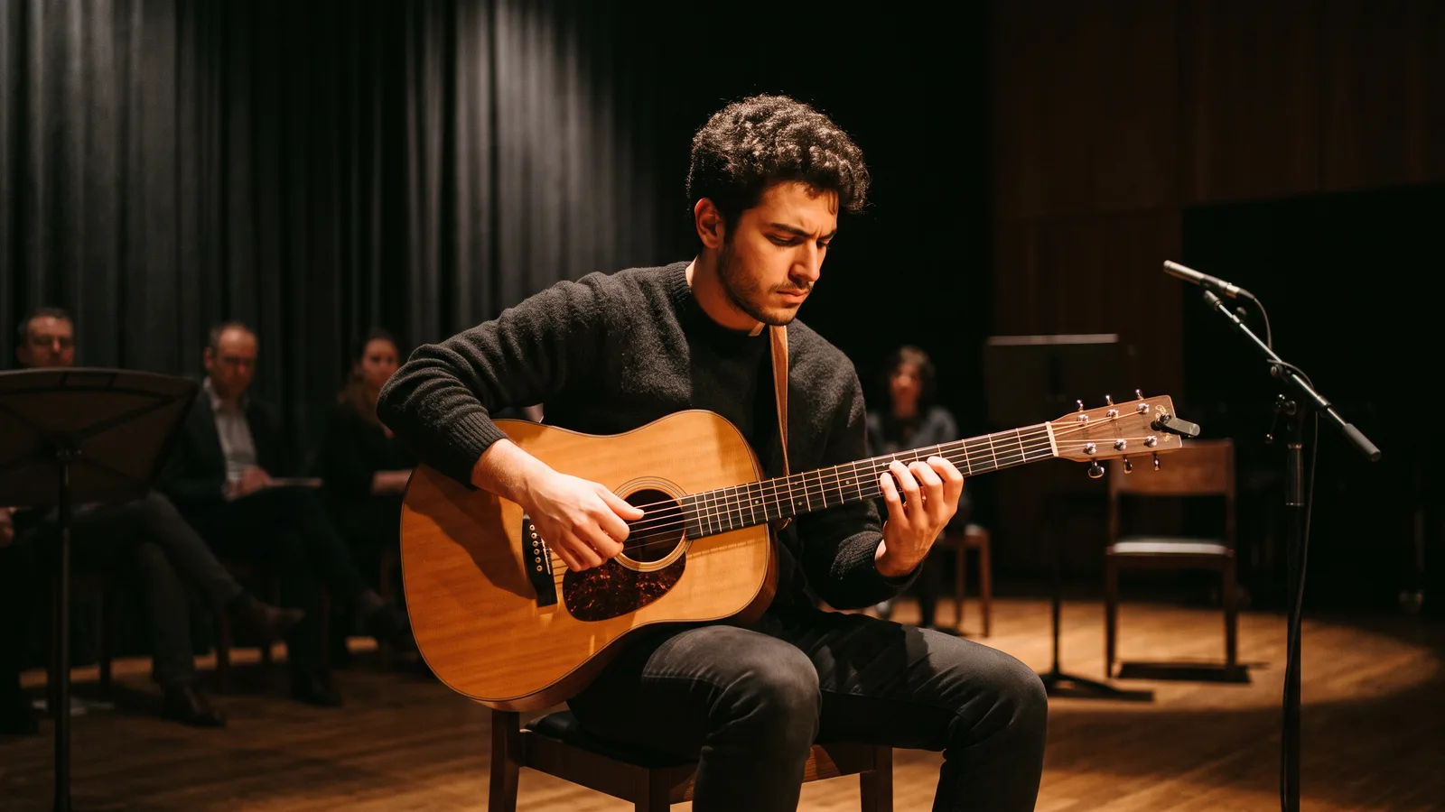 Sahnede performans sergileyen bir müzik öğrencisi, sınav atmosferi